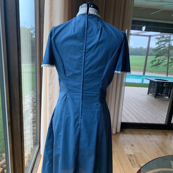 Vintage 50’s handmade tailored blue Swiss dot Day Dress Size M - Picture 4 of 7